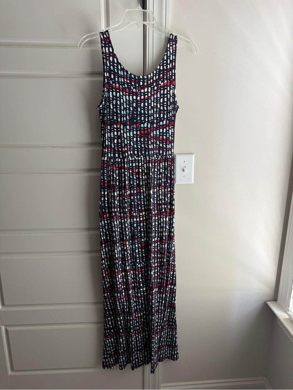 Sleeveless Navy, Red, and White Patterned Maxi Dress